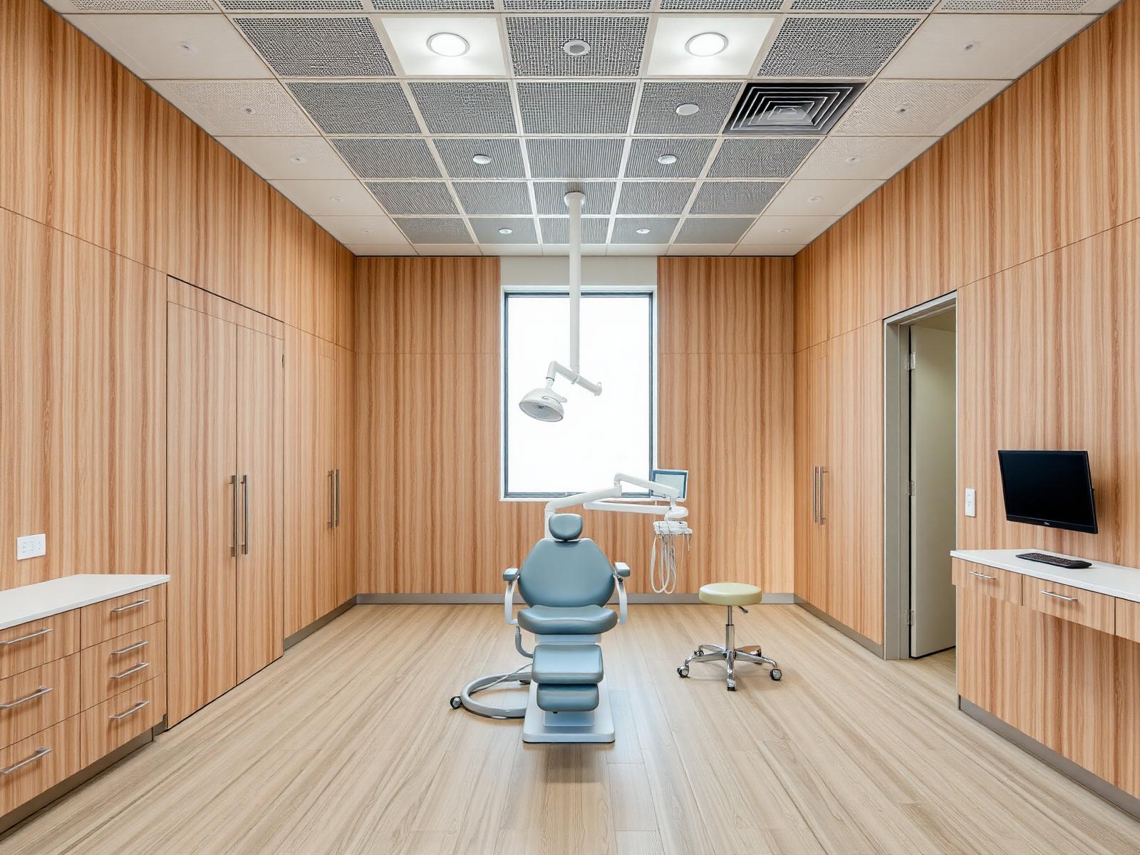 A wide, unoccupied treatment room at the practice